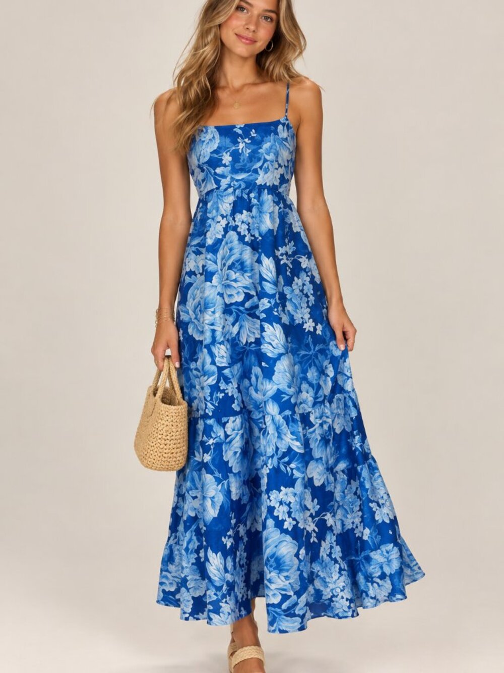 J Joie Floral Maxi Dress XS 2 Blue White Drop Waist Garden Tea Party Wedding
